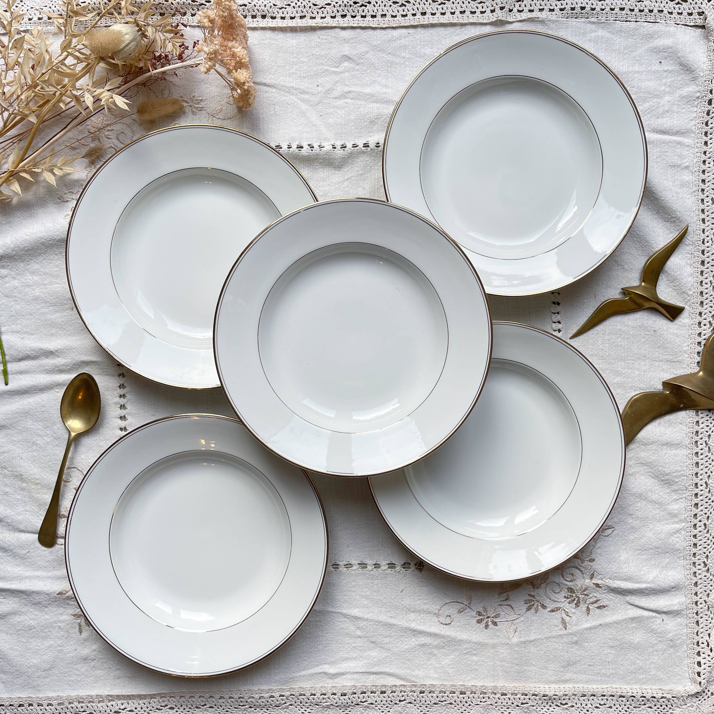 5 deep plates in white and gold Limoges porcelain