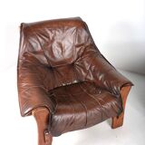 Brutalist leather sofa and armchair set, 1970s