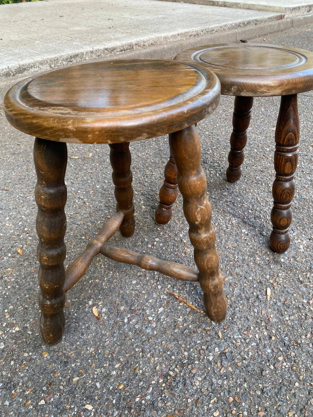2 tripod stools in turned solid wood, Charles Dudouyt style, 1960.