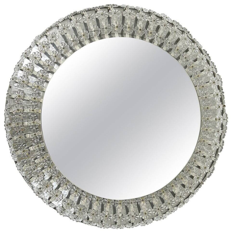 Large round wall mirror with glass flowers by Emil Stejnar, backlit by Nikoll, Austria.
