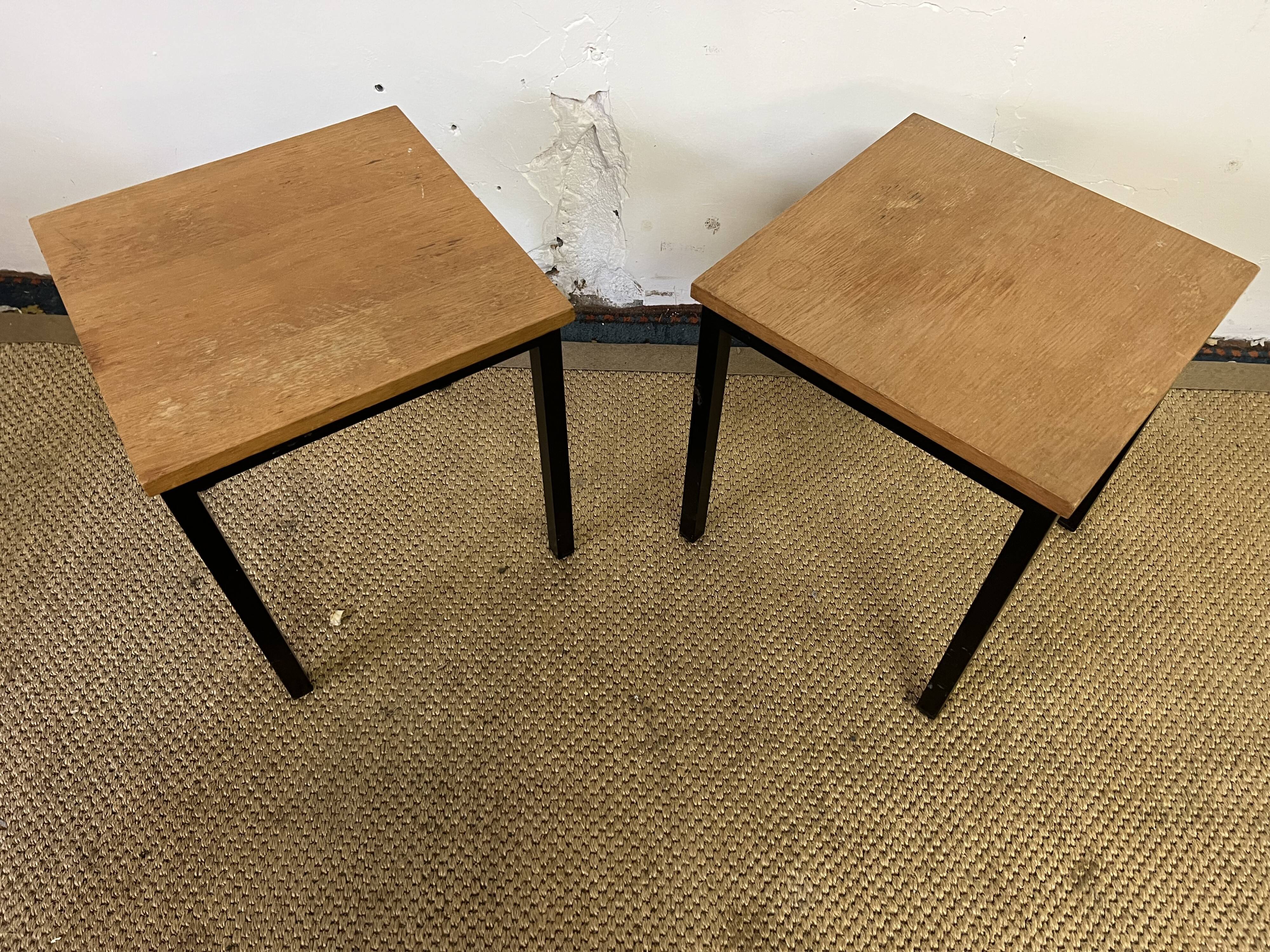 Pair of wooden and vintage metal bedside tables