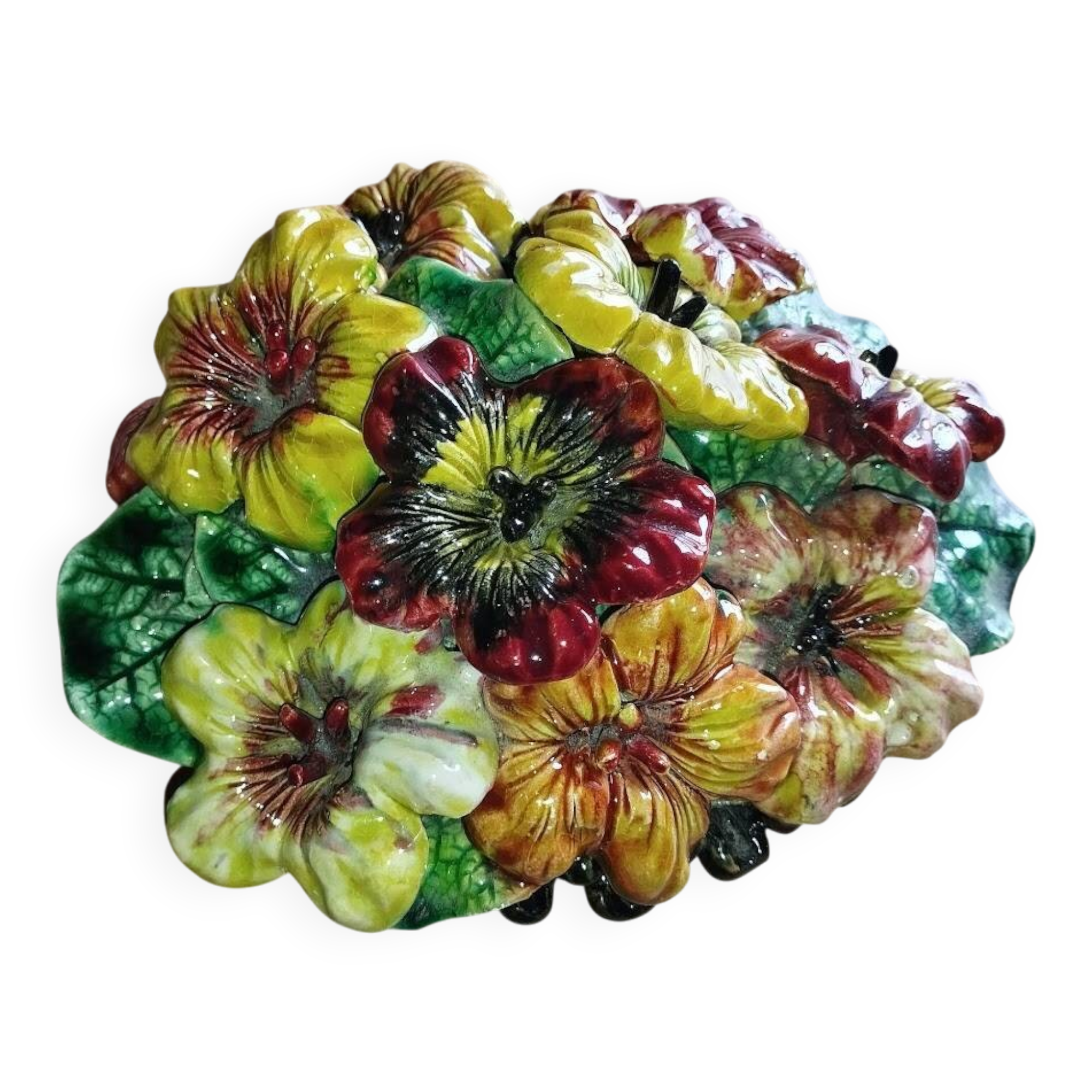 Vintage decorative object in ceramic majolica with pansy decoration – 1950s