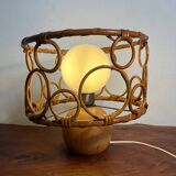 Solid wood table lamp with opaline wicker globe