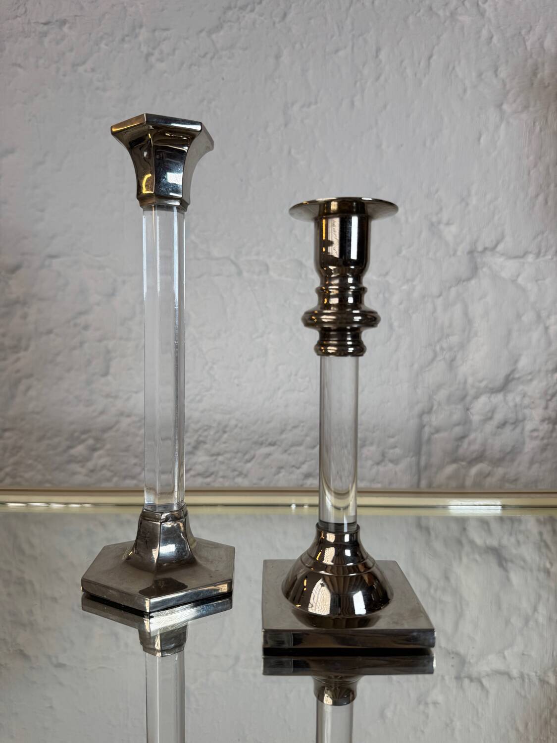 80s silver metal acrylic candle holders