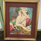 Tableau femme nue,  déesse entourée  putti et de colombes dans le gout du X
