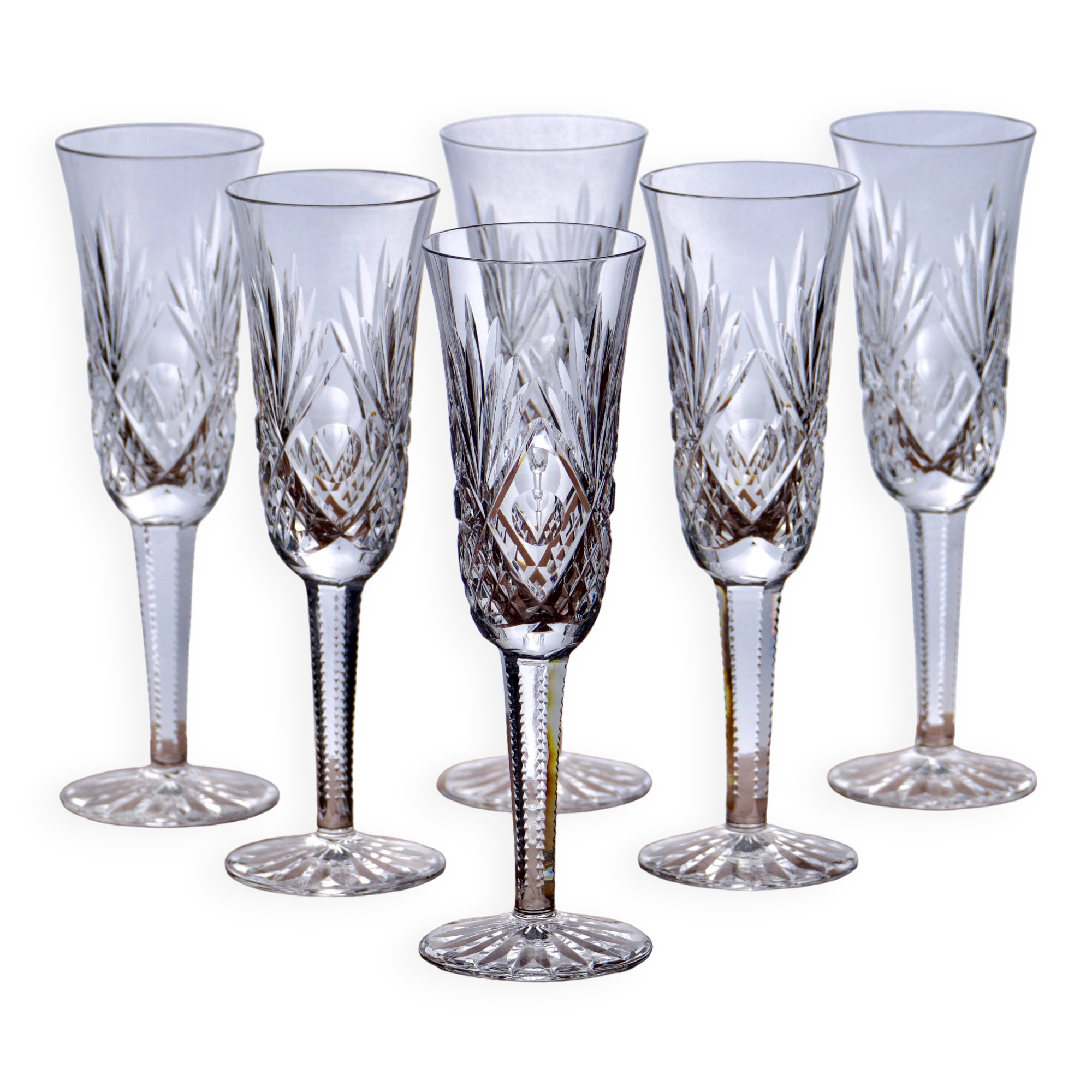 Large antique hand-cut crystal champagne flutes signed LS