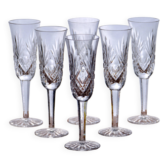 Large antique hand-cut crystal champagne flutes signed LS