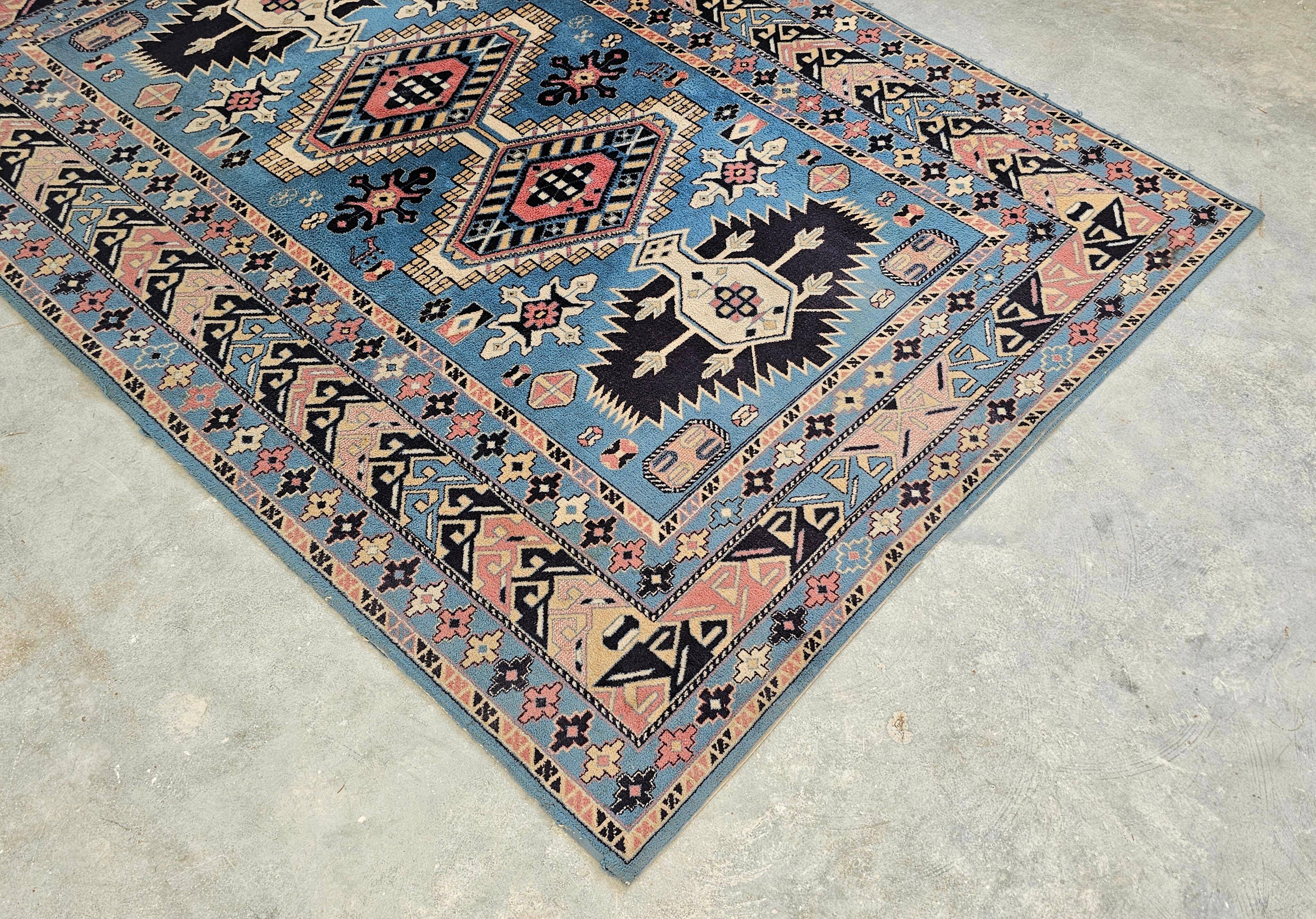 Vintage Kazak rug with geometric oriental motifs, 100% wool.