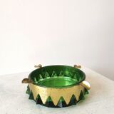 Cendrier en cristal vert et or vintage / Cendrier rond en verre de style mid-century modern