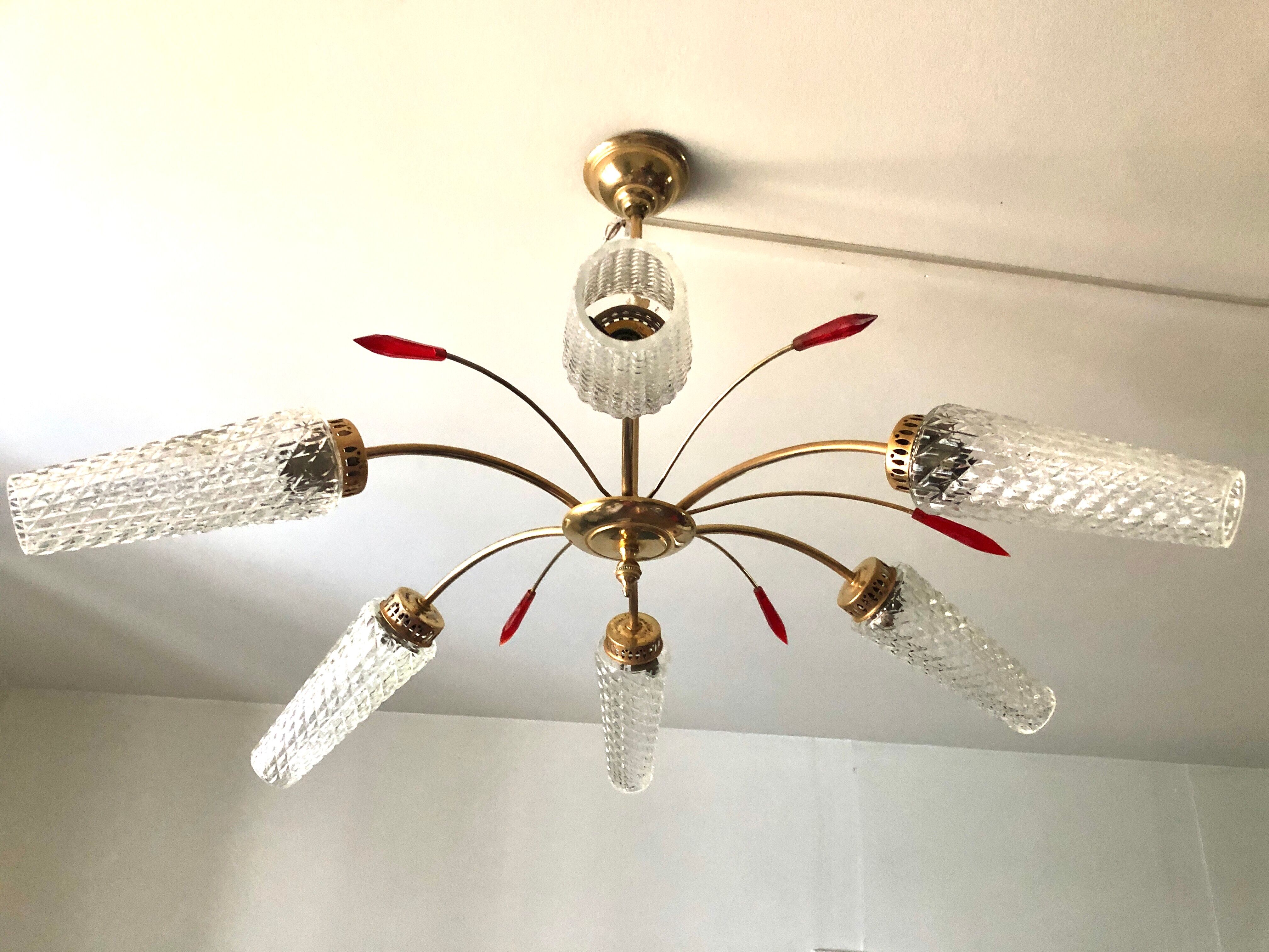Golden brass chandelier 6 tulips red diamond tips 1950