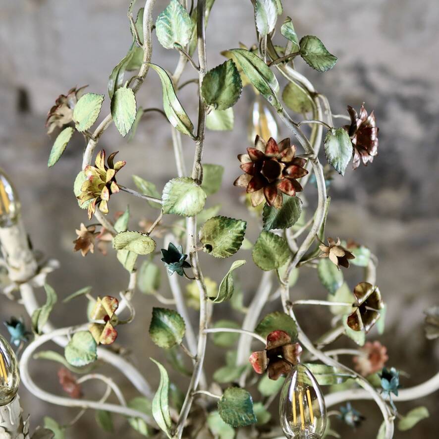 Large flower and leaf chandelier, hand-painted sheet metal, Italy, 1940s