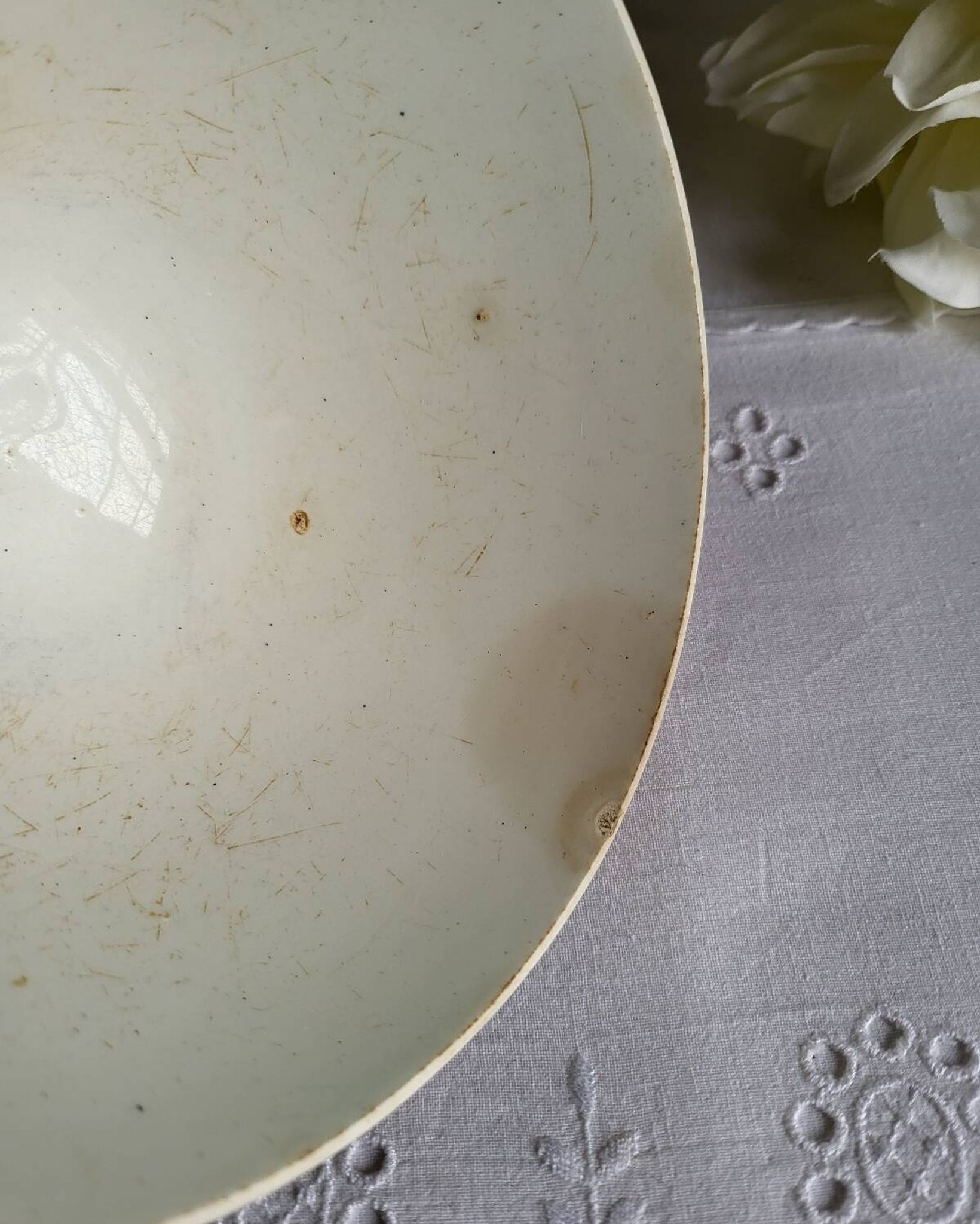 Old Bowl in Earthenware with Flower Decoration Marked underneath M