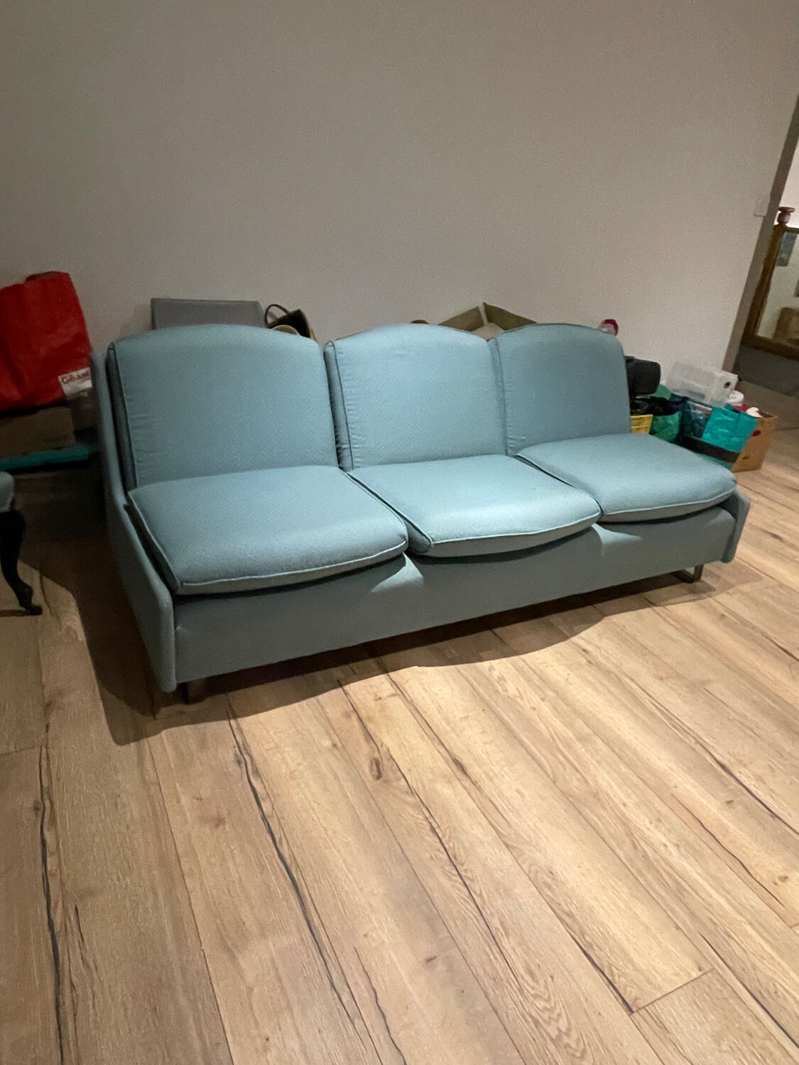 Banquette sofa circa 1970 blue fabric/yellow polka dots