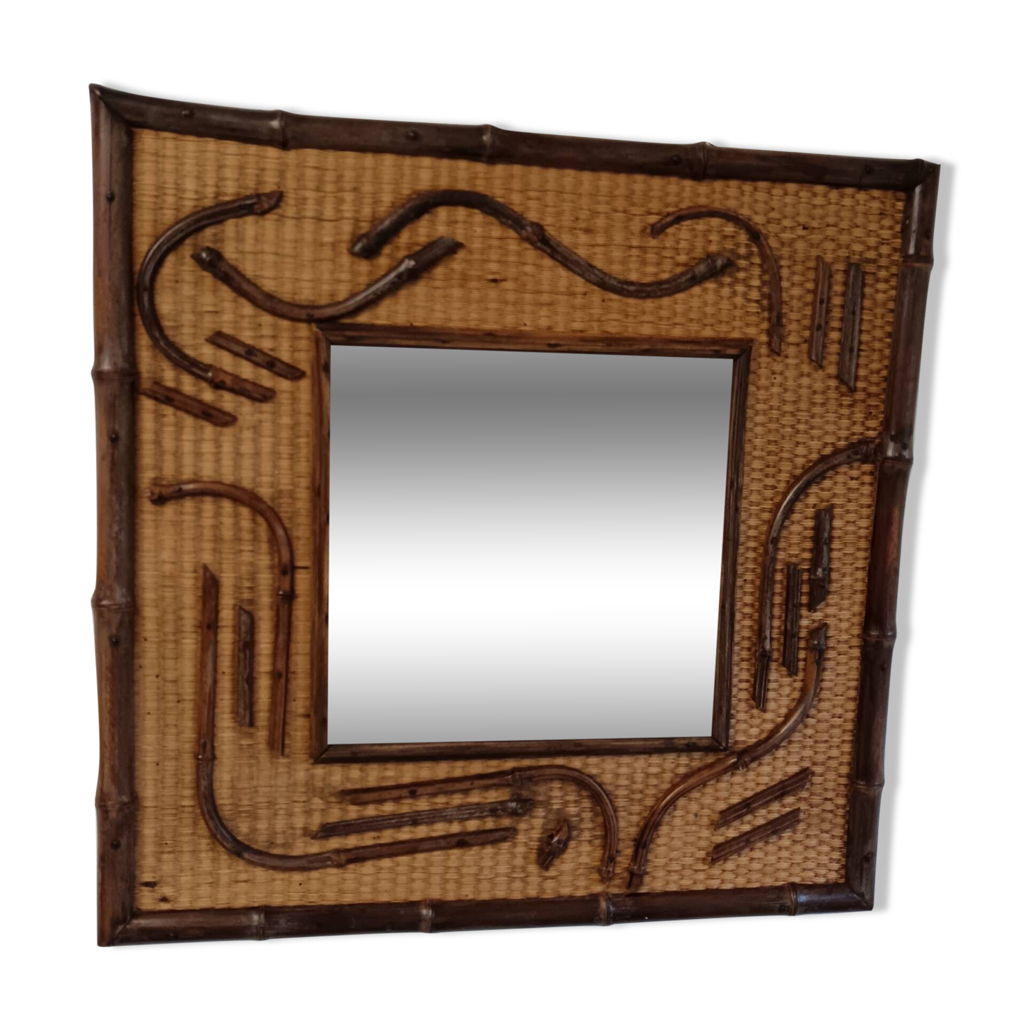 2-tone beveled square wood and rattan mirror