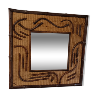 Miroir bois et rotin carré biseauté 2 tons