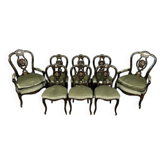 Napoleon III period living room set in black lacquered wood with rich floral decoration