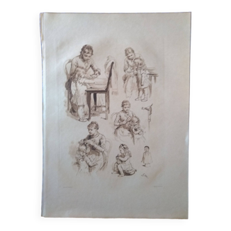 planche en héliogravure de Dujardin thème enfant illustrateur Adrien Marie 1883 (lire description )