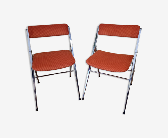 Paire de chaises pliantes vintage en acier chromé années 70, restaurées