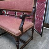 Ancienne banquette style Louis XVI en bois massif avec assise et dossier tissés