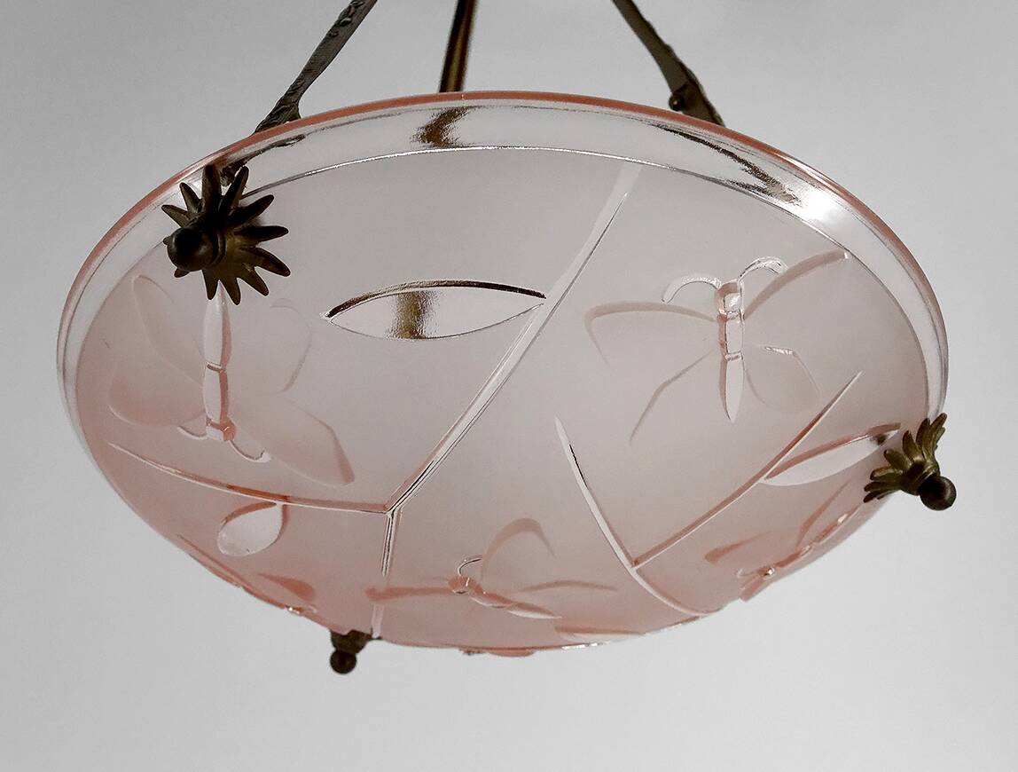 Bronze and glass pendant light with butterfly decoration, Degué, France, 1930
