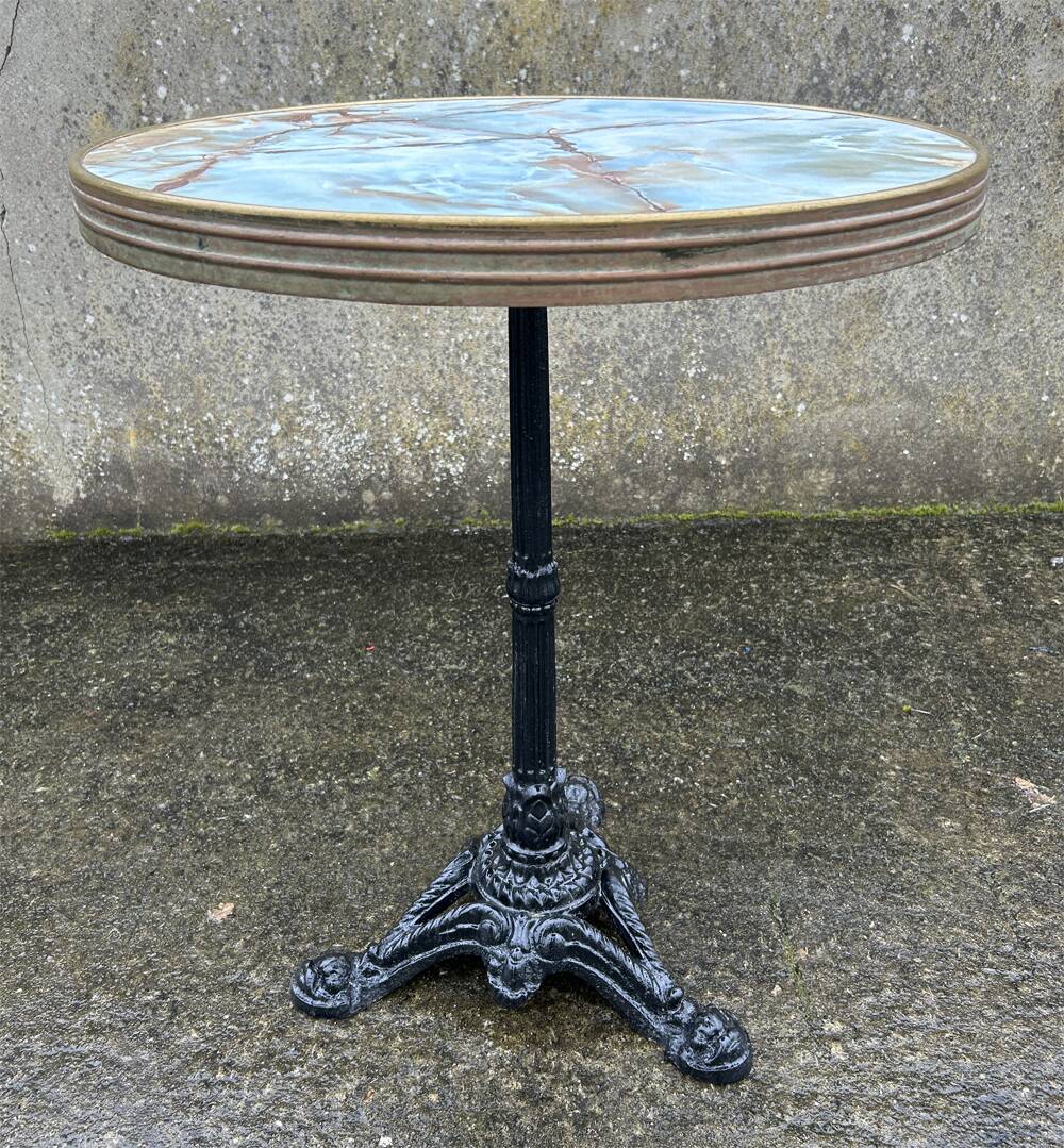 Round bistro table, cast iron legs, vintage, 1940s