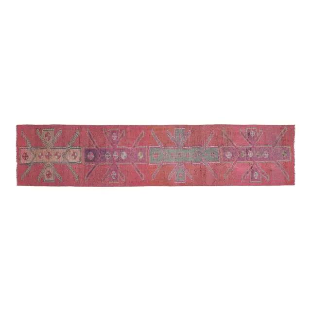 1970s Vintage Turkish Handmade Wool & Cotton Pink Runner Rug 76x344