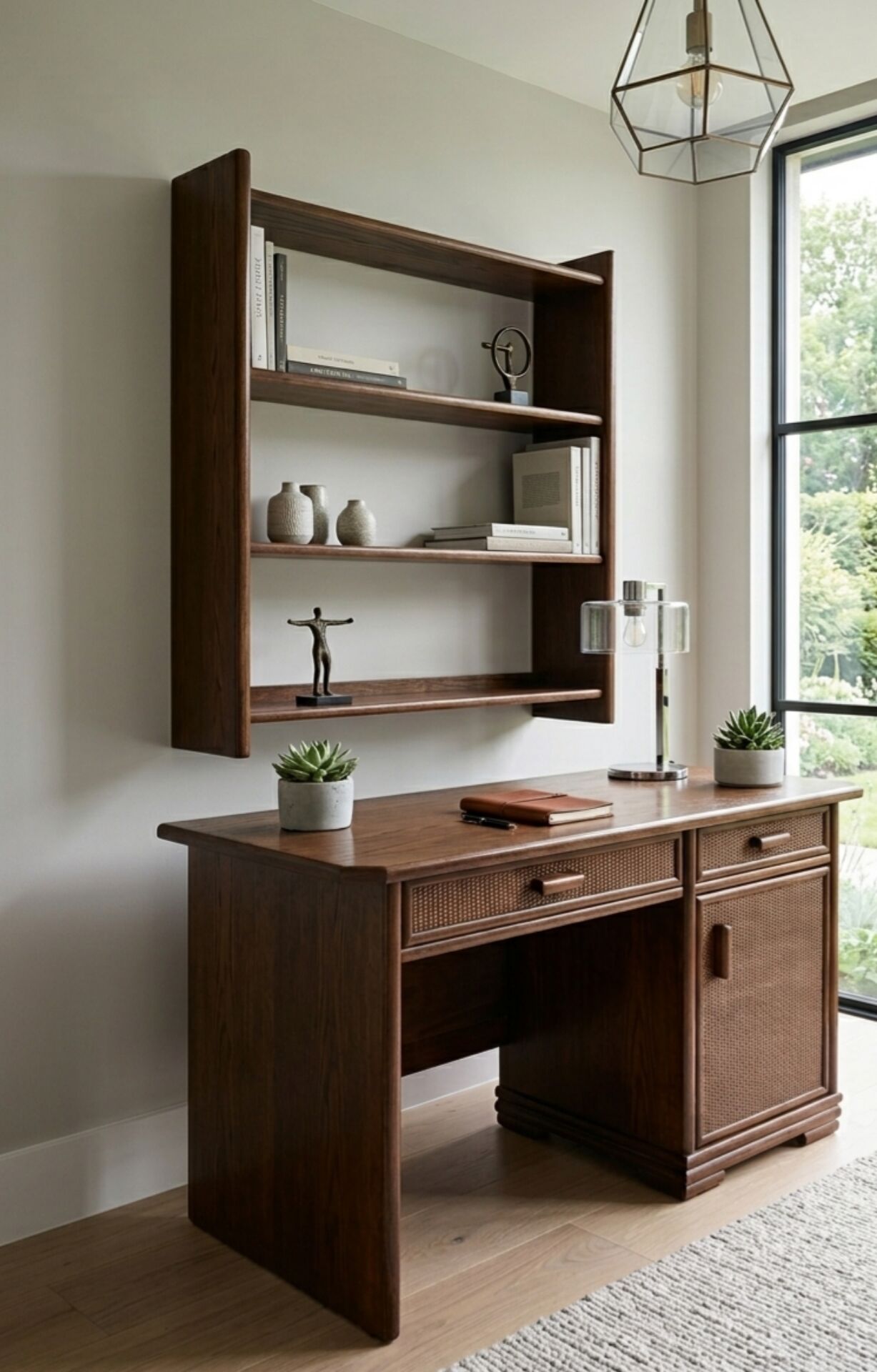 Vintage Wooden Desk and Wall Shelf Set with Rattan – Juncosa