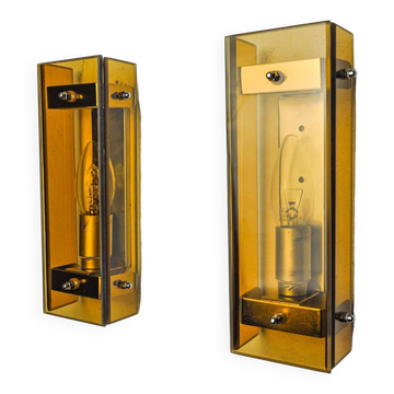 Pair of brown Veca wall lights, beveled glass, Italy 1970