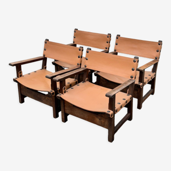 4 fauteuils brutalistes en chêne et cuir des années 60