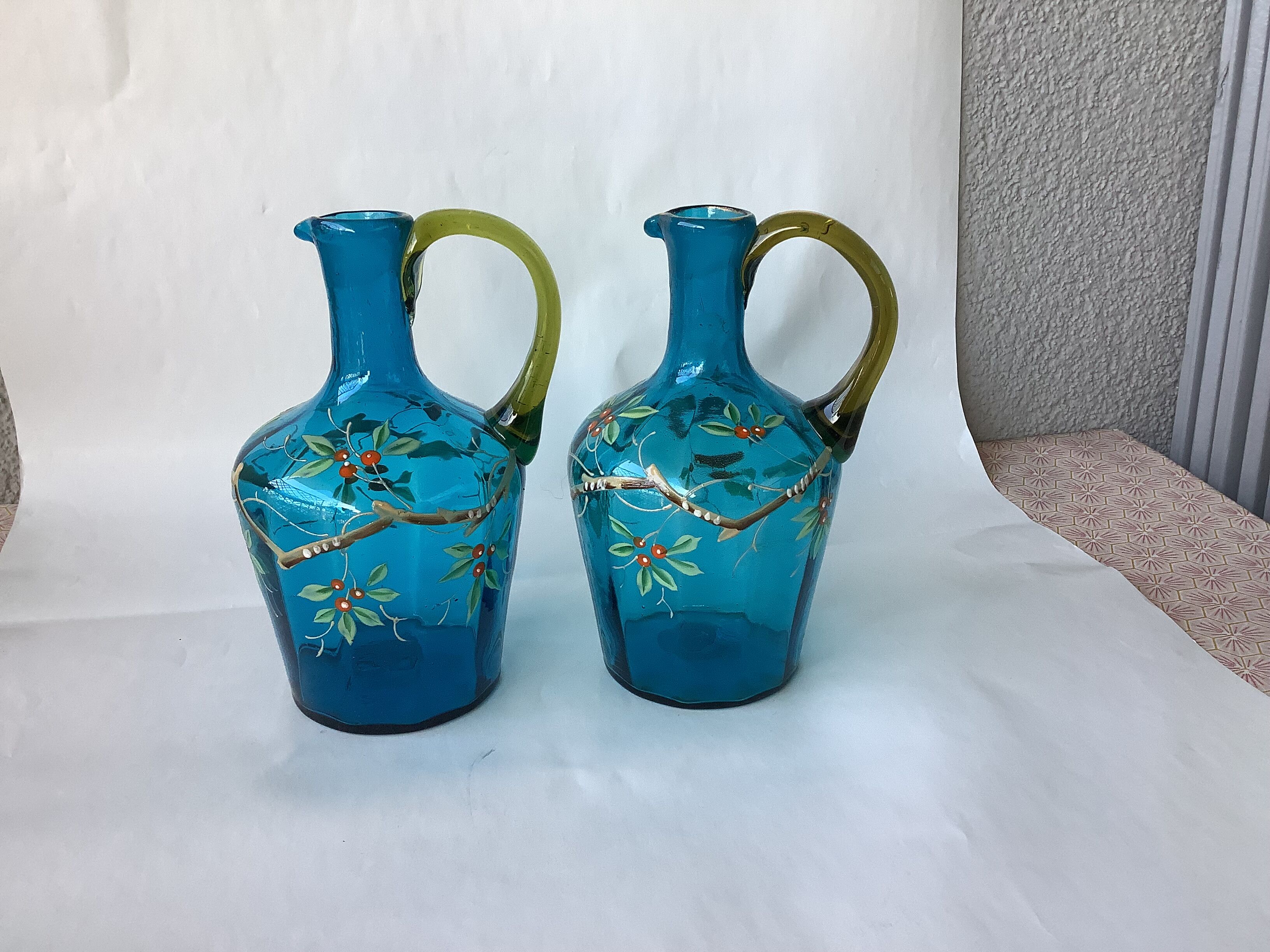 19th century enamelled blown glass liqueur decanters, called Georges Sand