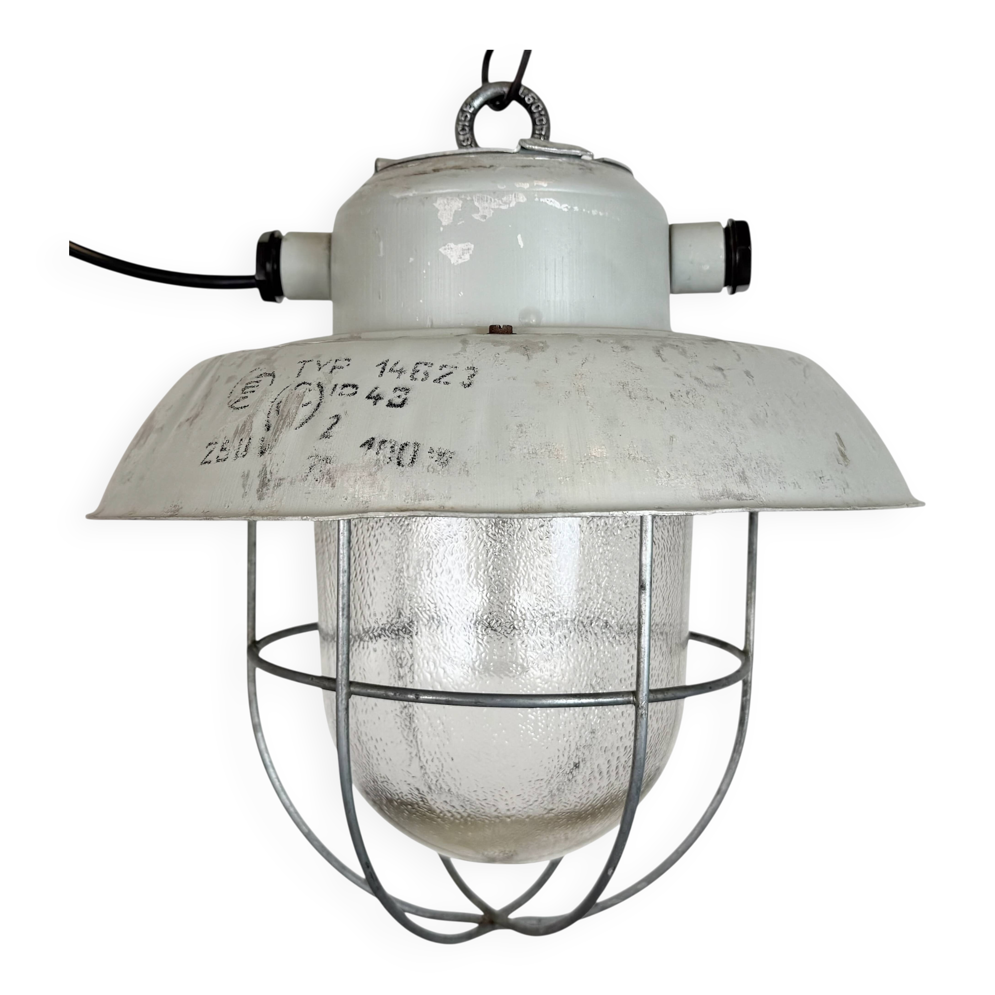 Grey Industrial Aluminium Cage Pendant Lamp with Frosted Glass, 1970s
