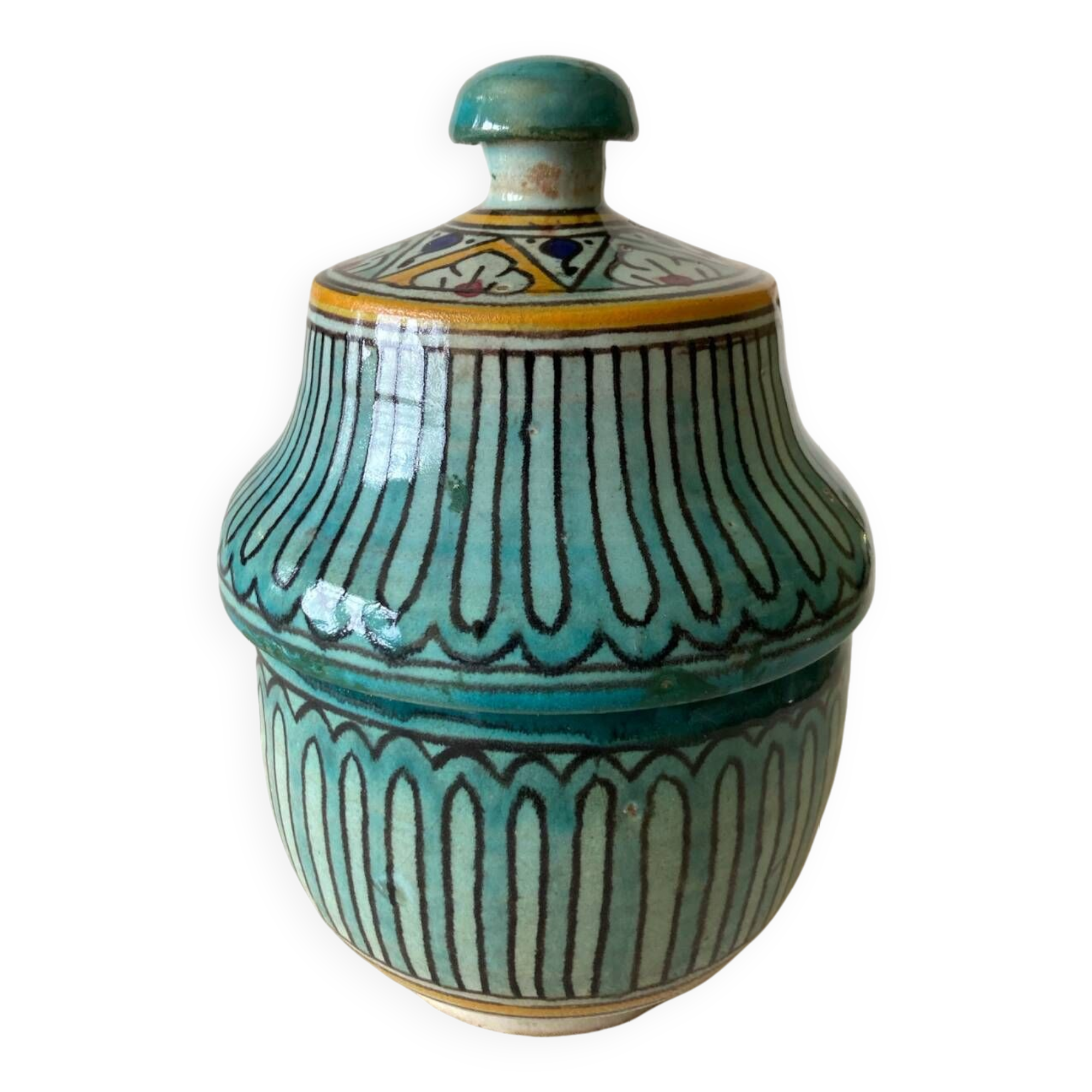 Small butter pot Jobbana Morocco Fez 19th century with centipede and geometric decorations