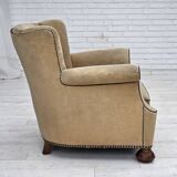 1950s, Danish relax chair, furniture velour with patina, oak wood legs.