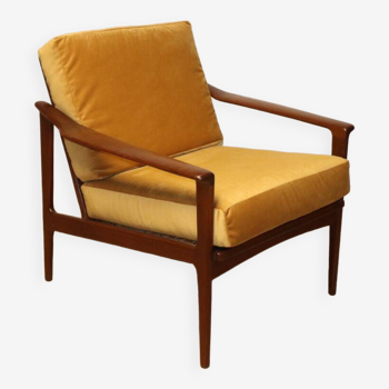 Scandinavian armchair by IB Kofod Larsen in teak and velvet, 1960