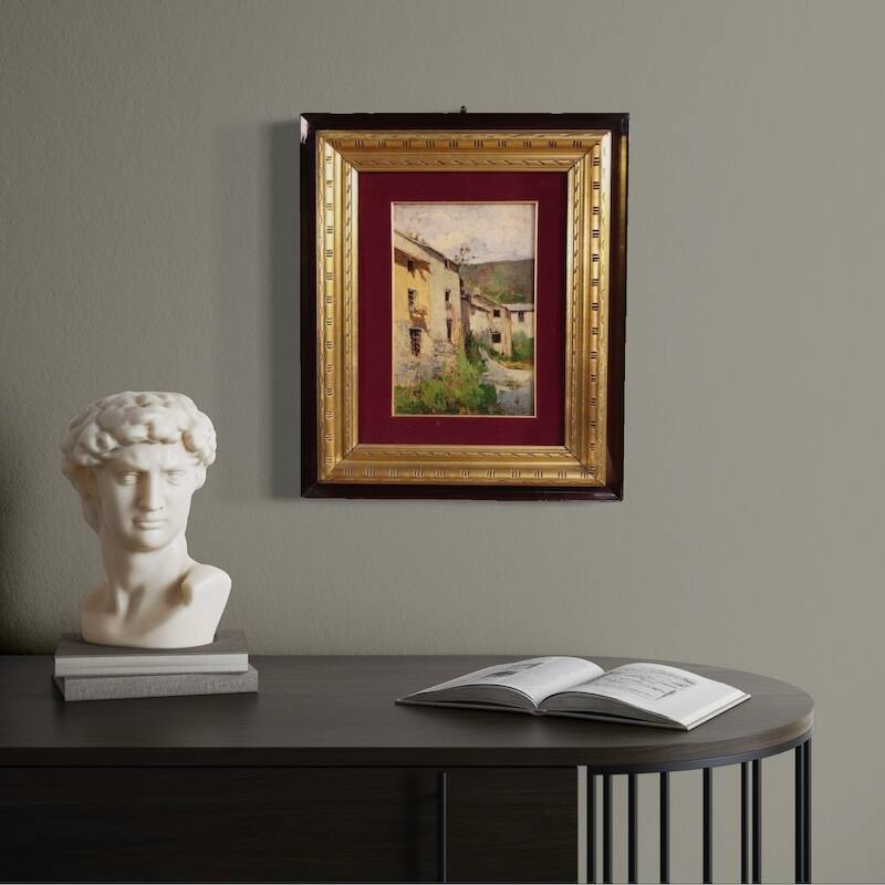 Italian landscape painting view of houses from the 20th century