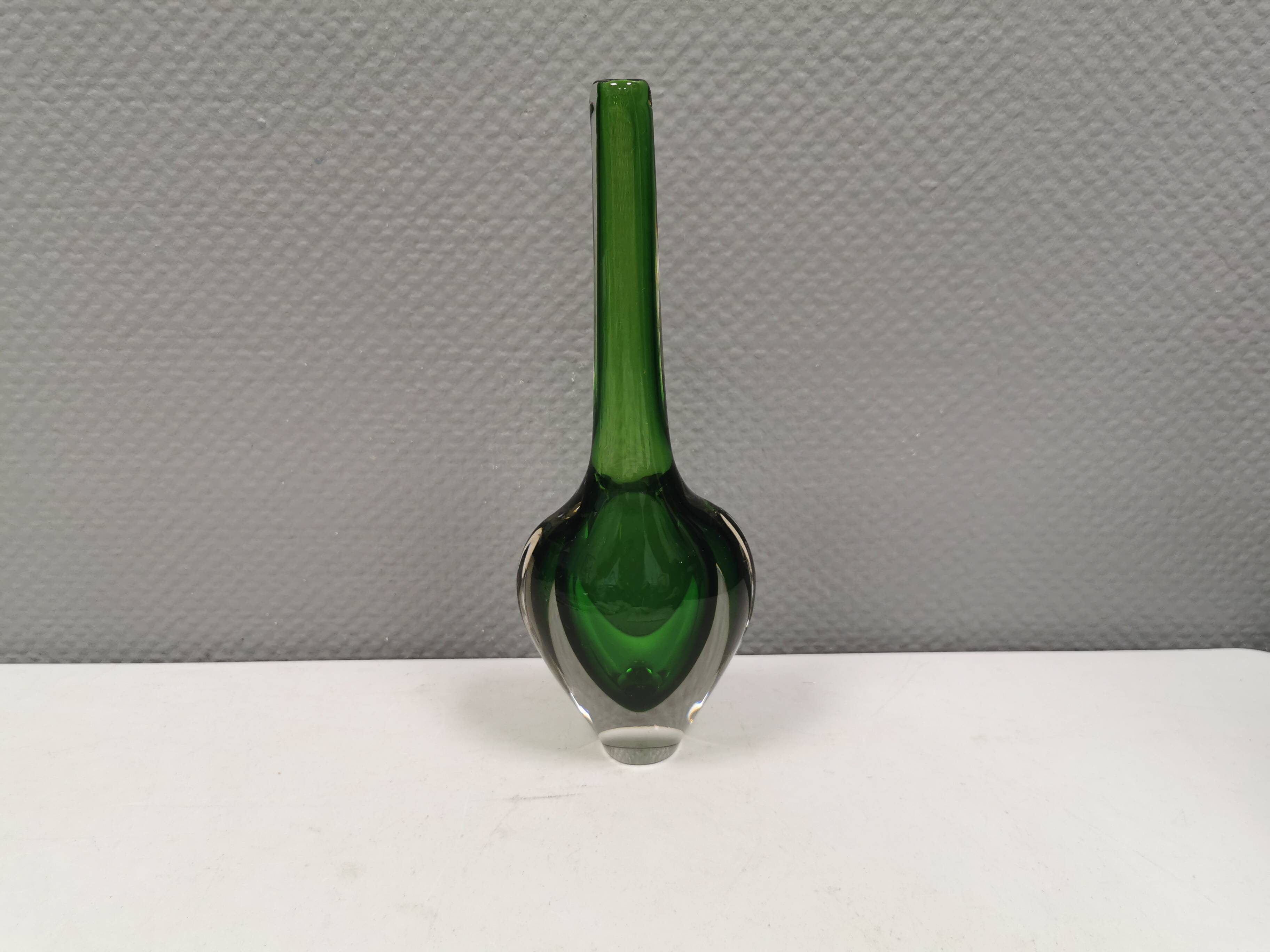 Handmade Murano vase in green and transparent. Estimated 1970-1980