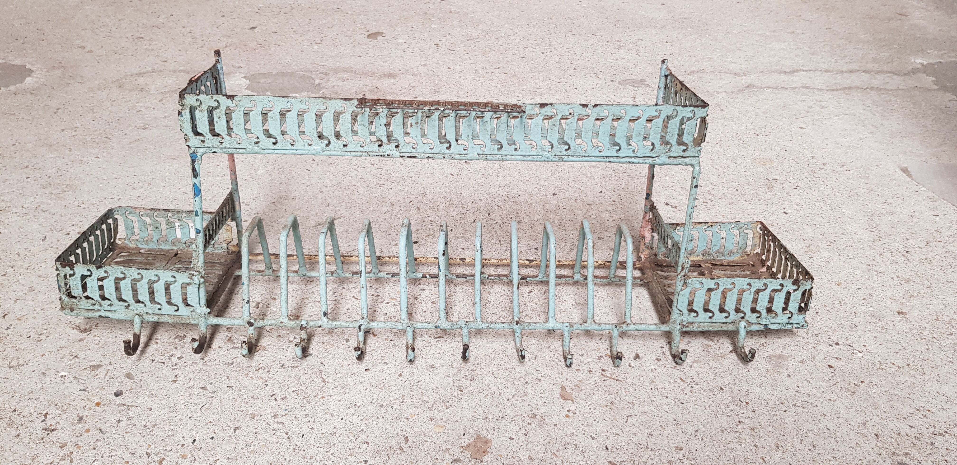 Old wall shelf - metal drainer with its original green patina