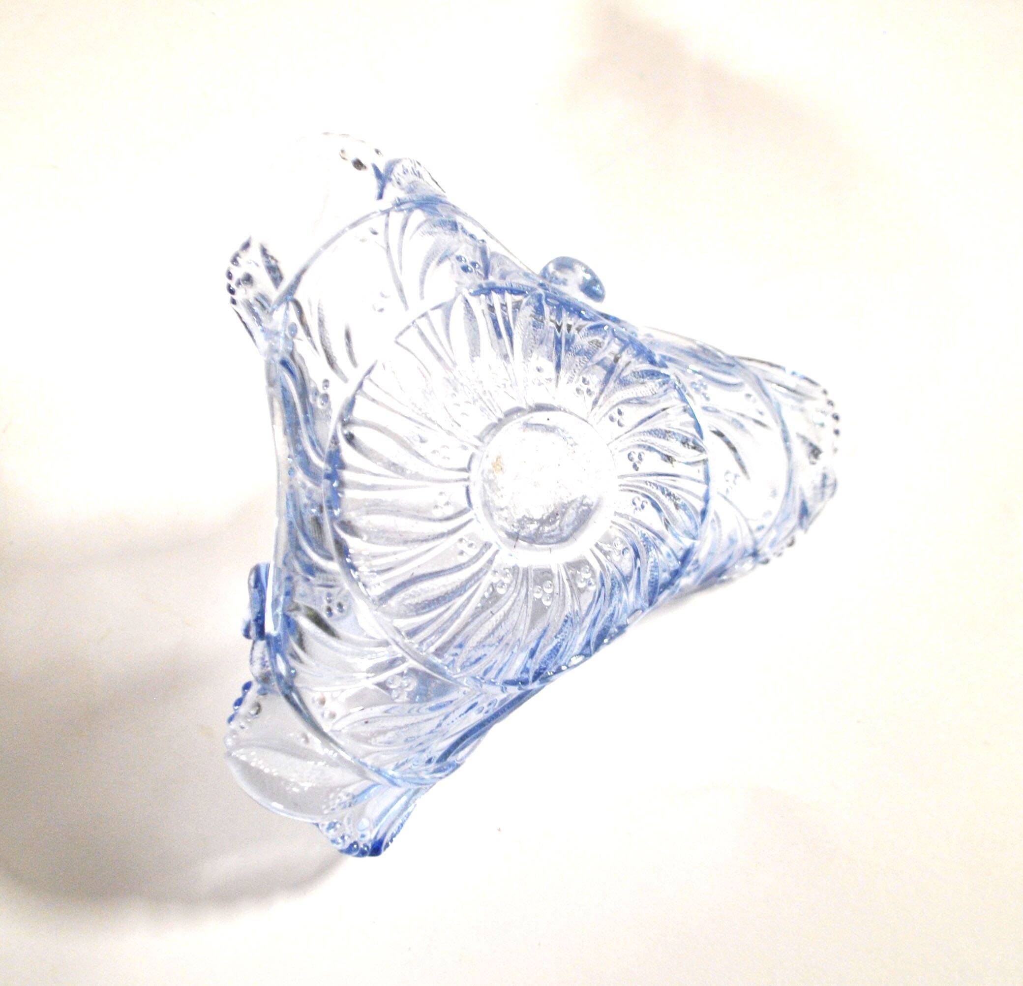 Vintage 1920s blue pressed-moulded glass bowl dish defect