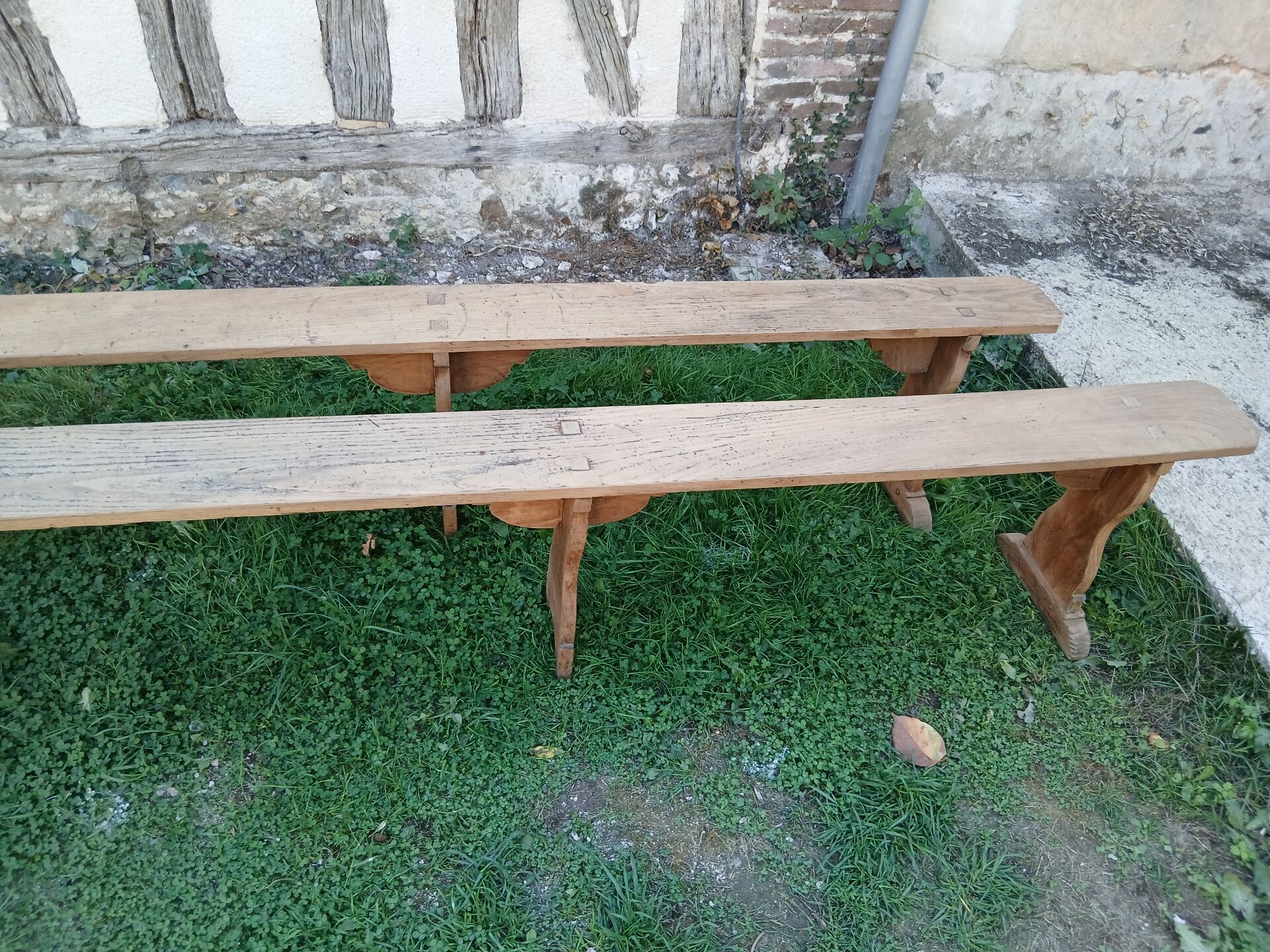 Pairs of large benches in raw fir wood.