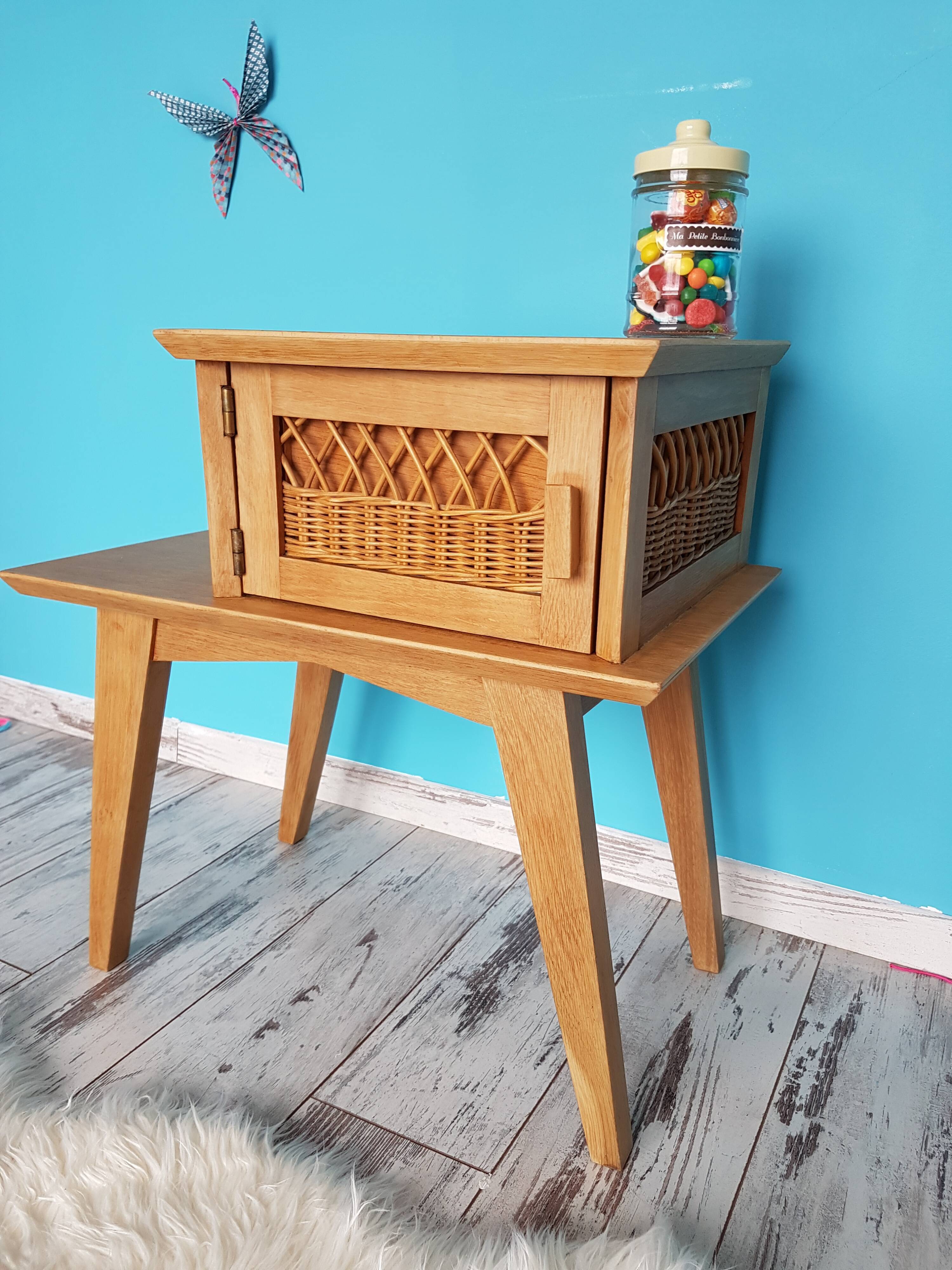 Vintage nightstand wood and rattan