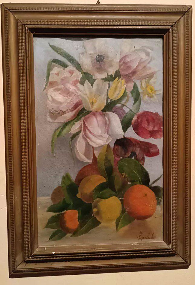 Tableau De La Fin Du 19ème Siècle, Signé, Fleurs, Citrons, Oranges. 67x43