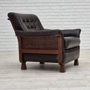 1970s, Scandinavian armchair, brown furniture leather, teak wood legs.