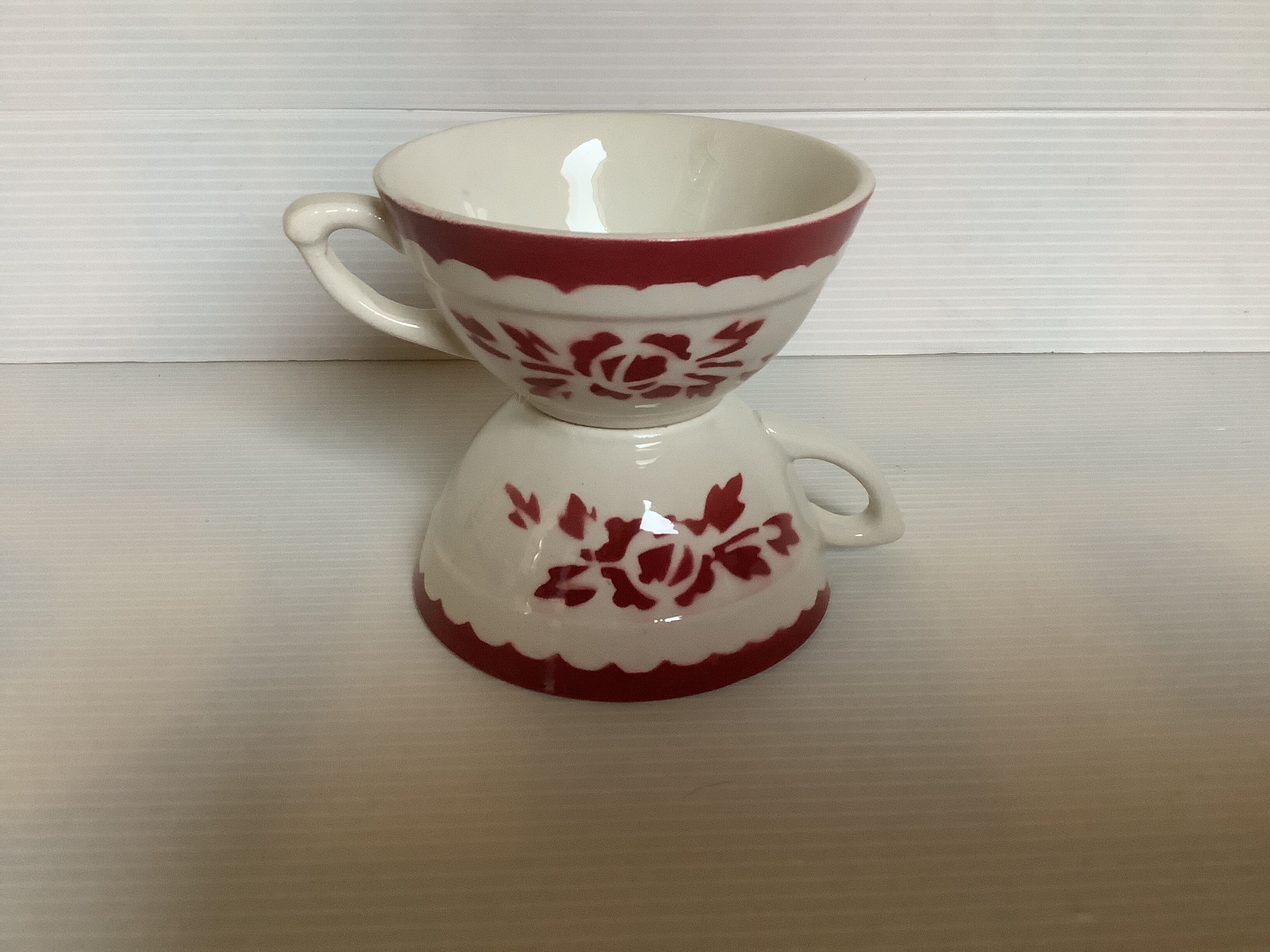 8 old earthenware cups with garnet flowers stenciled