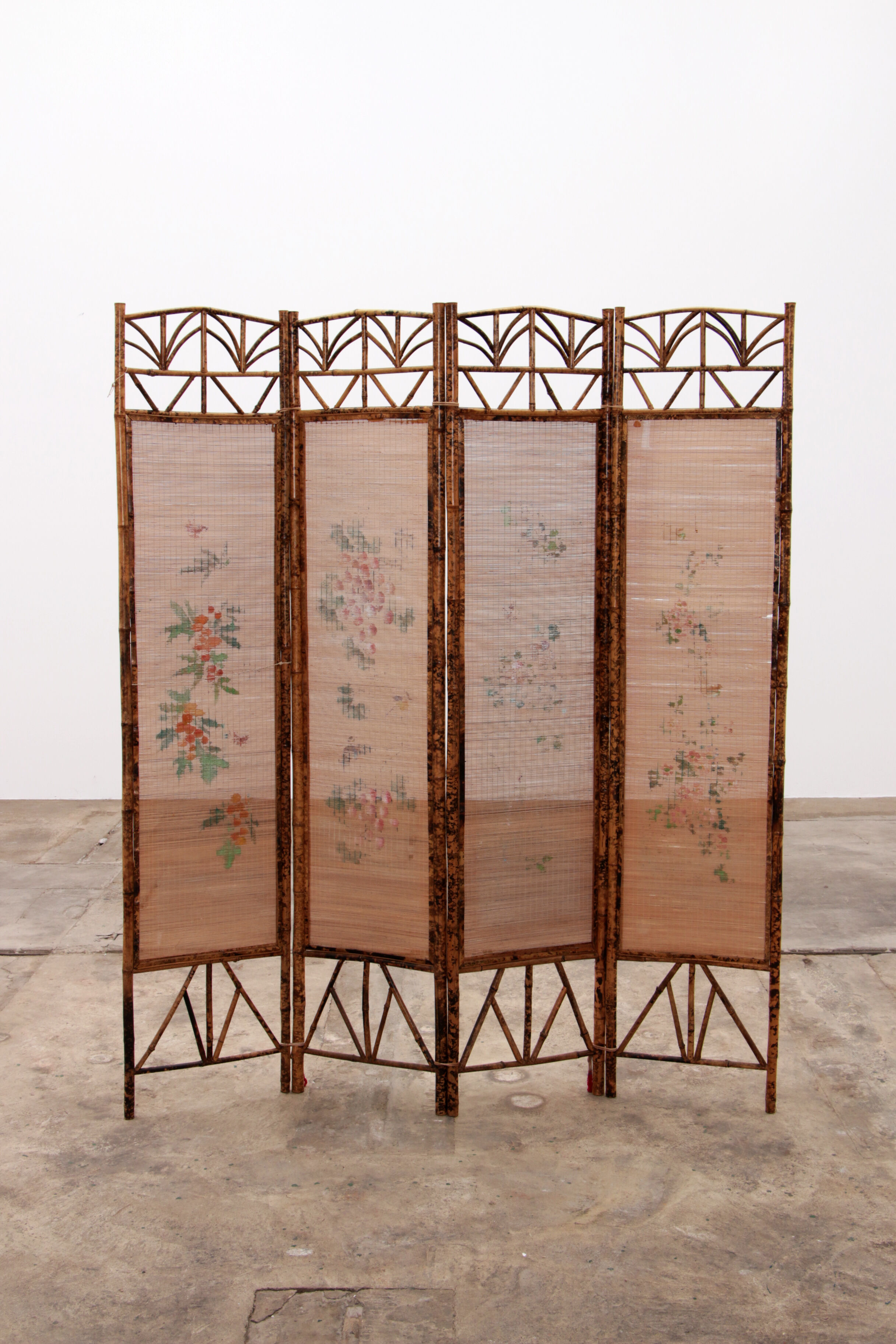 Vintage oriental folding screen Bamboo with fabric, 1960