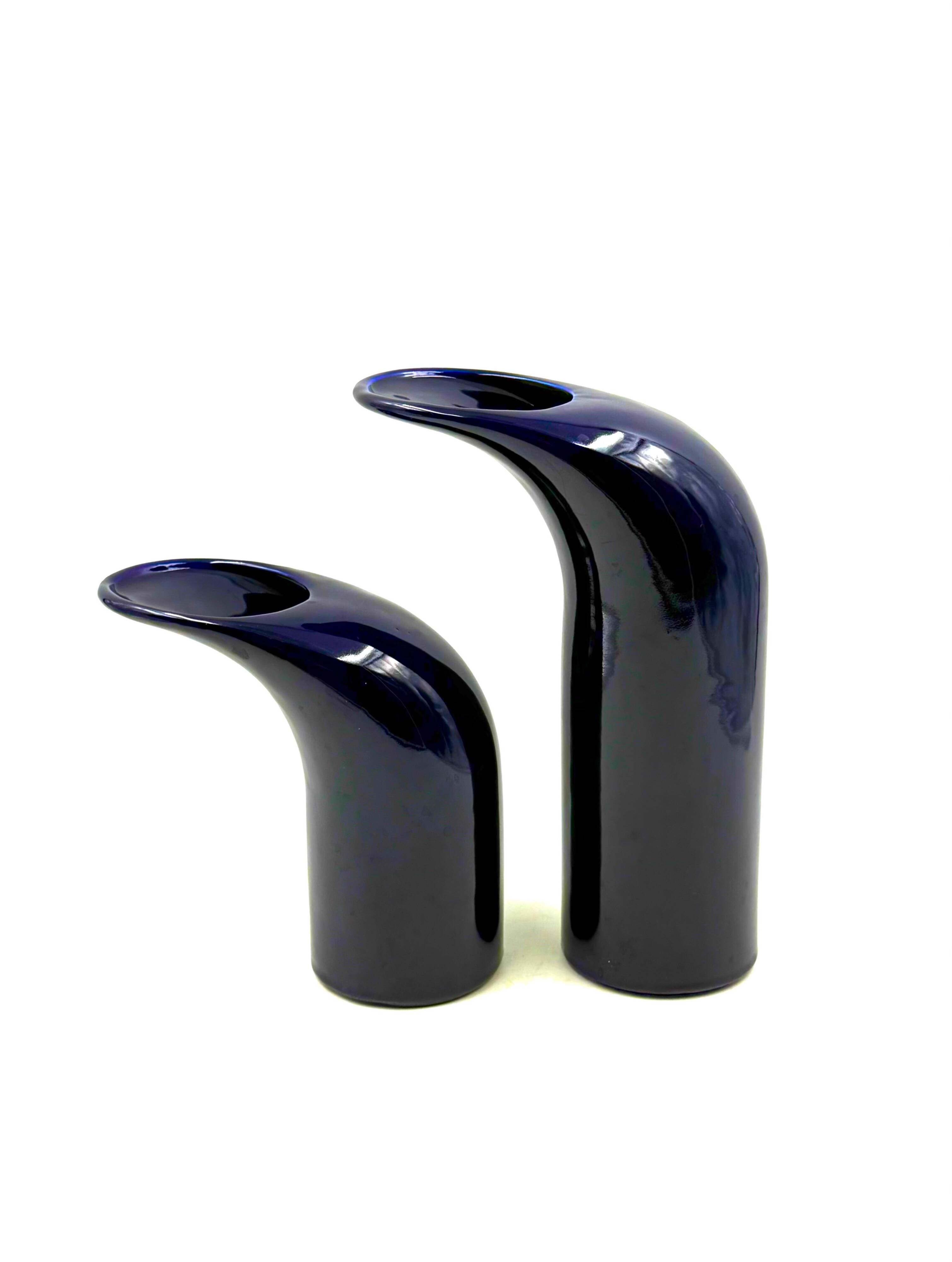 Space age set of 2 blue ceramic vase, Italy ca. 1970