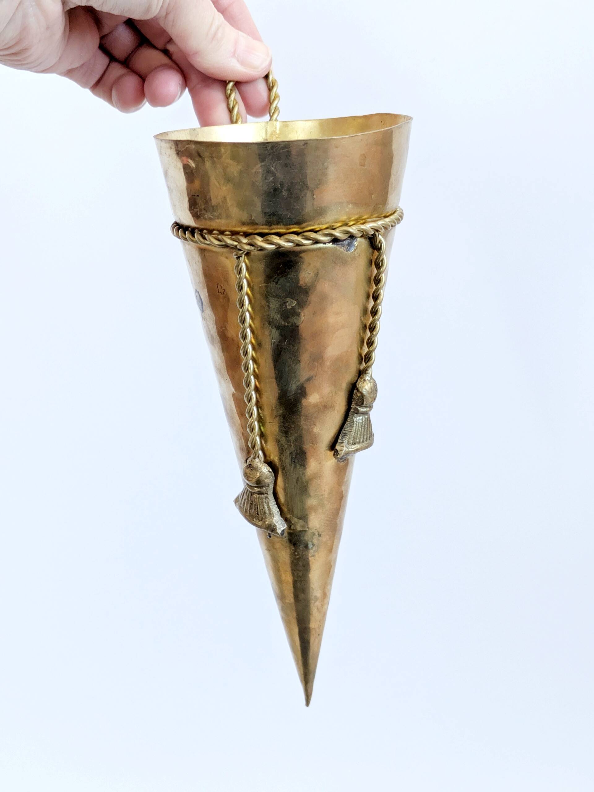 Vintage Brass Wall Cornet Vase Twisted Cord Pompons Bouquet Holder