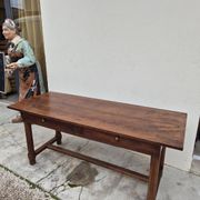 Table de Ferme bourguignonne à entretoise en noyer massif 19éme deux tiroirs-1m82