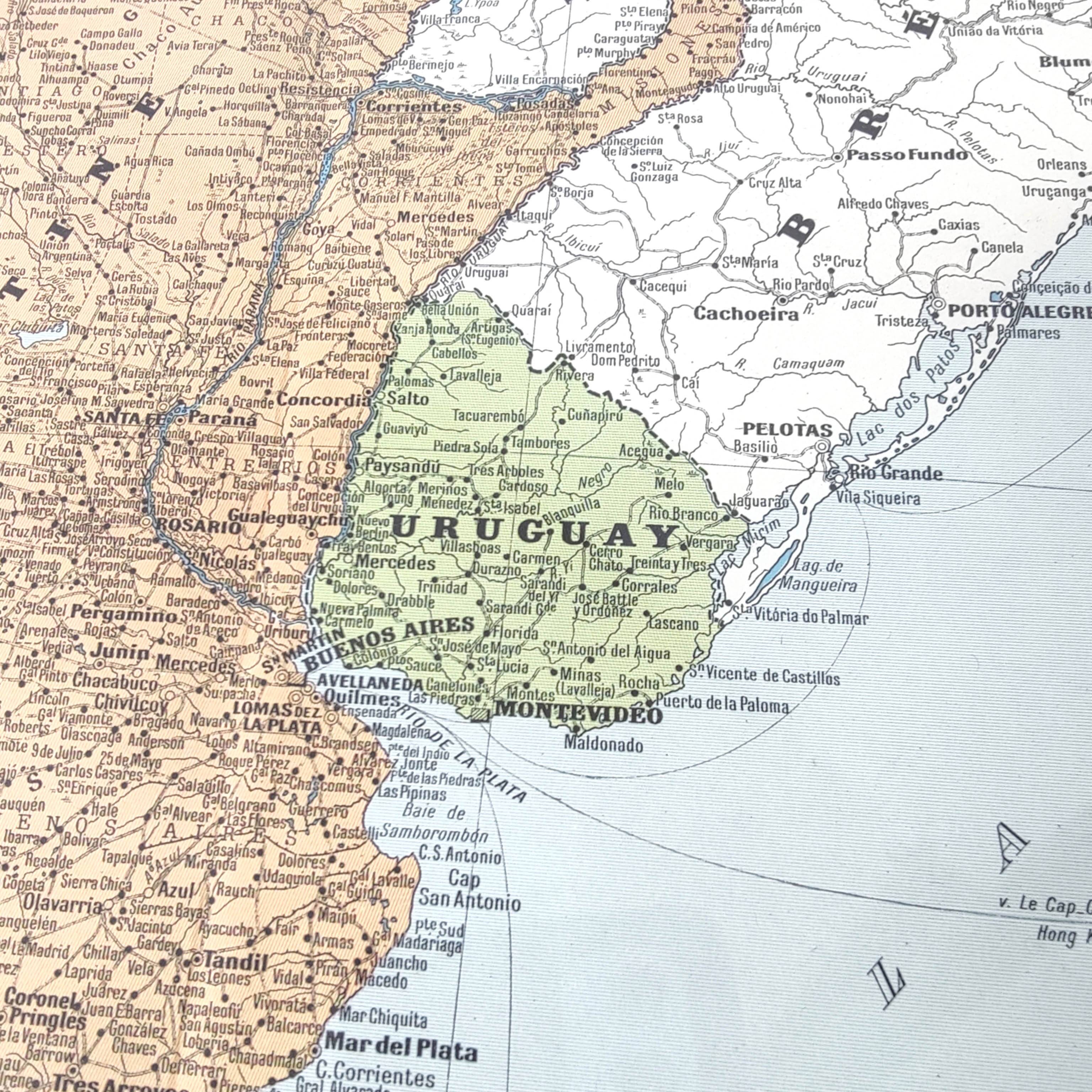 Old map of South America Argentina Chile Uruguay 43x43cm from 1950