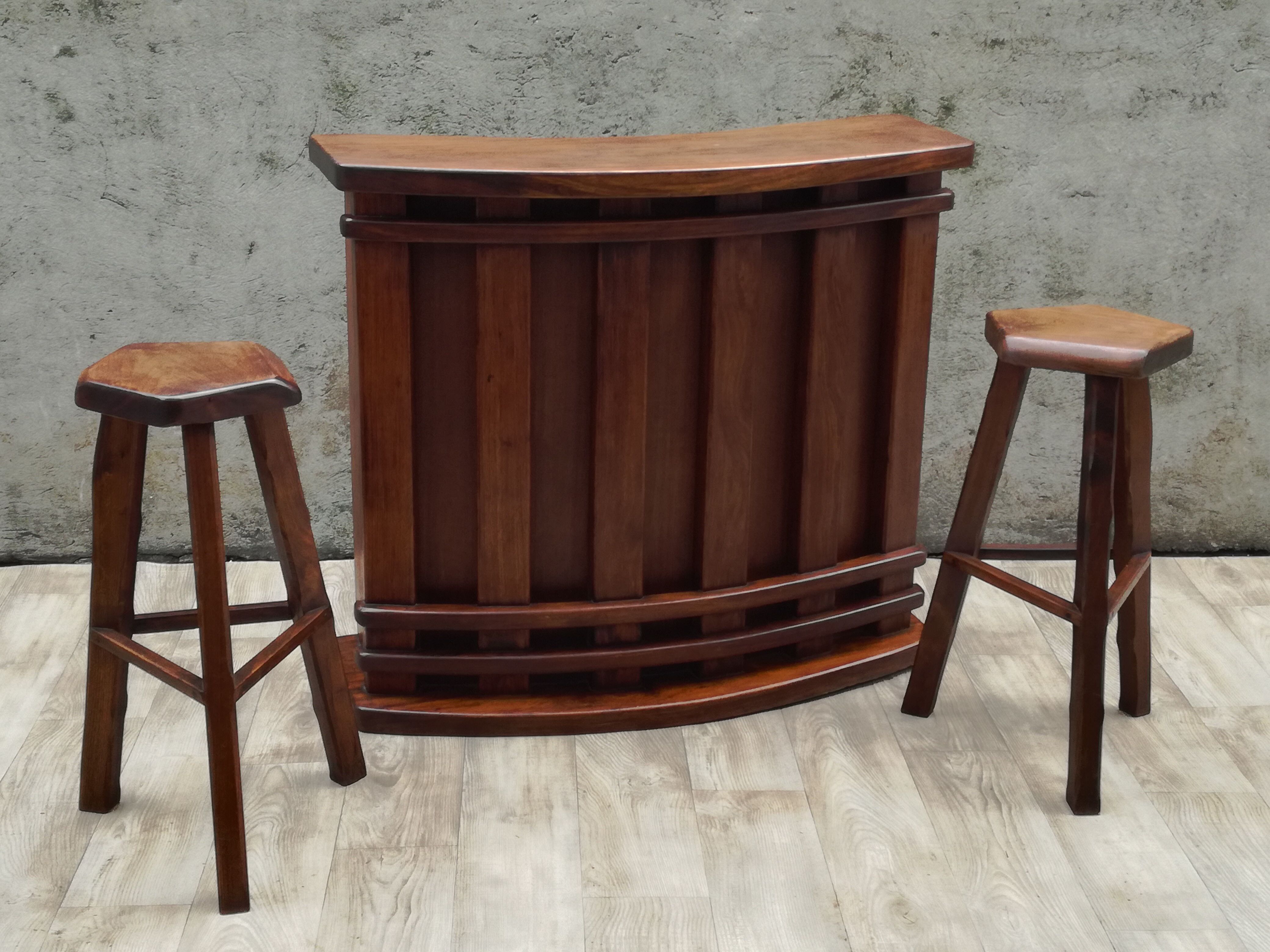 Bar and 2 brutalist stools in massive elm circa 1960