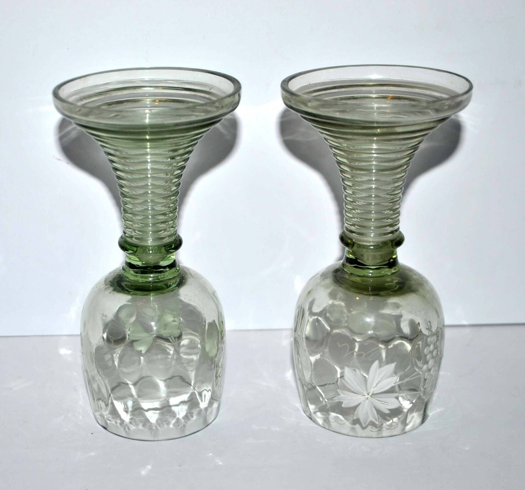 Roemer old rhine wine glass in light green white enamelled blown glass